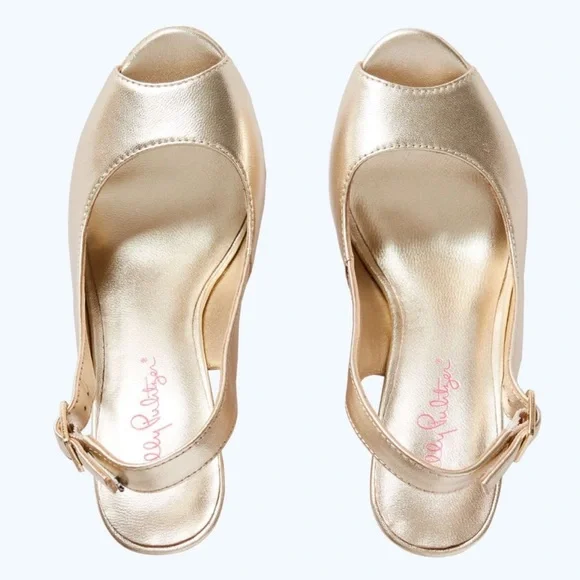 Lily Pulitzer Kristen Peep Toe Gold Wedge Sandals size 10 - Picture 6 of 10